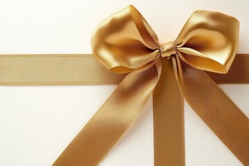 Elegant golden ribbon bow atop a smooth white background, perfect for gift wrapping or decoration