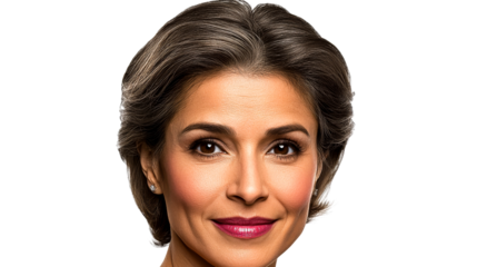 Smiling woman, short gray hair, headshot portrait, friendly face, cut out transparent