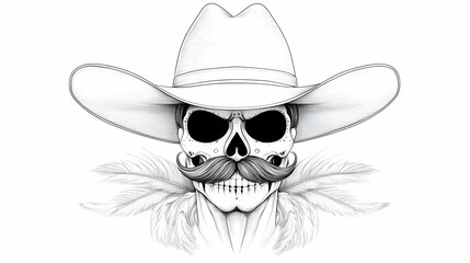 Fototapeta premium Black And White Skull Wearing Cowboy Hat And Mustache