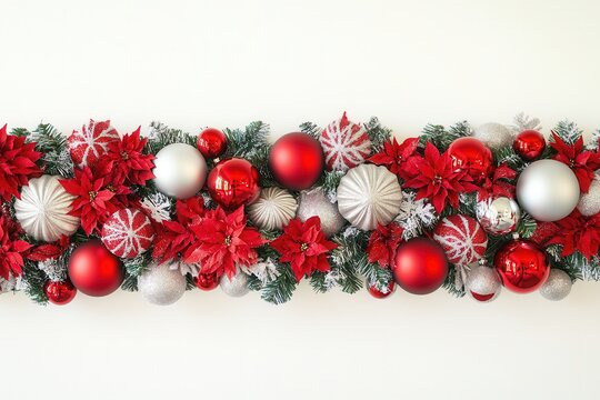 Festive holiday garland adorned with red and silver ornaments and poinsettias on a white backdrop
