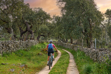 Obraz premium active senior woman cycling with her electric mountain bike in the rough landscape of National Parc Serra de São Mamede near Marvao in central Portugal, Europe