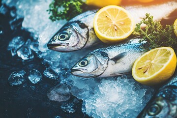 Fresh fish garnished with lemon slices and herbs on ice, showcasing a vibrant seafood display