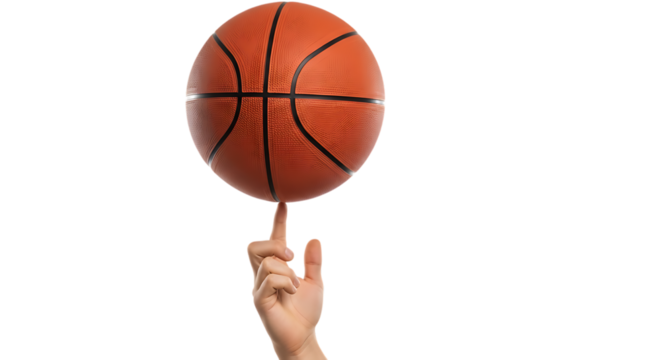 Basketball on one finger spin pose, isolated on transparent background