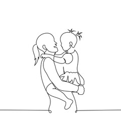 mother and daughter in her arms smiling at each other, mother and child hug - one line art vector. mother's day, family connection, children's day, successful single mother