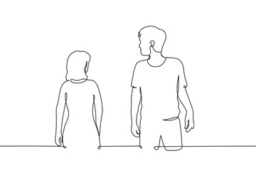 man turned around to look at woman passing by - one line art vector. concept man fell in love at first sight, woman ignores man, attractiveness