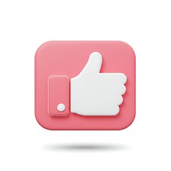 3D Rendered Pink Like Button Icon with White Thumbs Up on a White Background for Social Media and...
