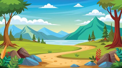 Obraz premium Cartoon Landscape with Mountains, Winding Path, Trees, Lake, and Cloudy Sky Illustration