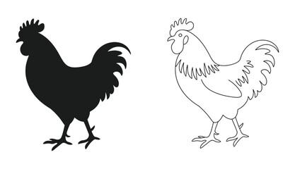 Fototapeta premium Vector illustration of two roosters one a silhouette and the other a line drawing on white