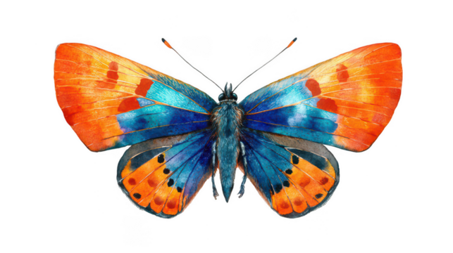 Beautiful butterfly with wings in orange and blue colors on a white background, png, transparent