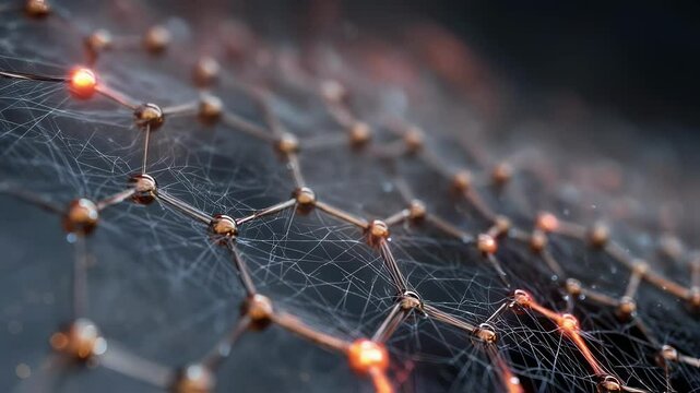 Closeup showcases intricate graphene weave, emphasizing its fine texture and precise positioning before welding, revealing molecular structure and technological advancement