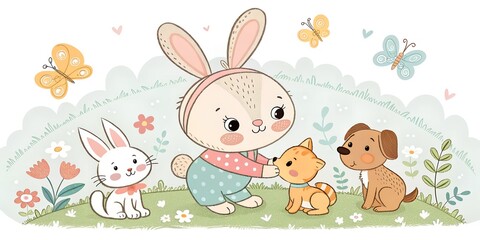 Playful moments in a serene garden as a bunny befriends a curious kitten and joyful puppy under the watchful gaze of butterflies Generative AI