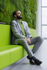 A man in a suit is sitting on a green bench. He is wearing a green tie and has a beard. He is relaxed and comfortable