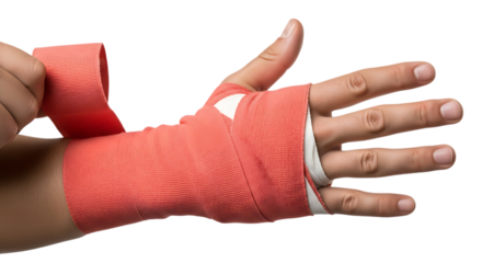 Arm in red cast showing injury, isolated on transparent background