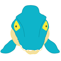 A cartoon-style front view illustration of a Mosasaurus face. The marine reptile is depicted with a blue body, yellow eyes, and flippers on both sides