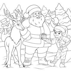 Vector illustration, new year night in the company of santa elf and deer