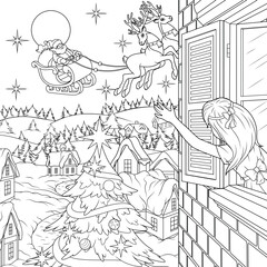 Vector illustration, santa delivers gifts on new year's eve
