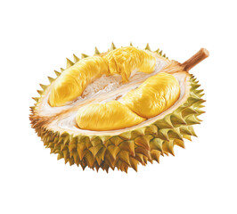 Fototapeta premium The durian is sliced open, revealing its soft yellow flesh surrounded by a thorny exterior, highlighting its unique texture and vibrant color