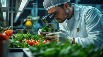 Food scientist ensures safety by examining fresh produce under microscope in quality control process