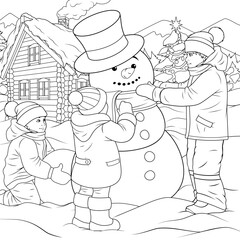 Vector illustration, children make a snowman on the street