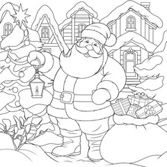 Vector illustration, santa delivers gifts on new year's eve, coloring