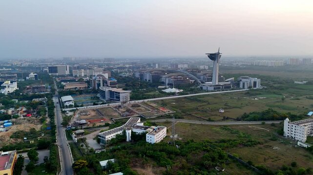 Aerial video of Chennai city's IT Hub area special Economic Zone (SEZ) campus in Sholinganallur, Chennai