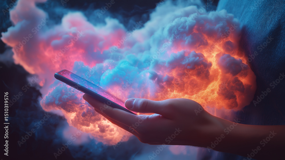 Canvas Prints colorful cloud technology concept with mobile device in hand symbolizing digital connectivity