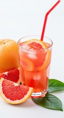 Refreshing Grapefruit Juice Drink with Ice and Slices in Glass