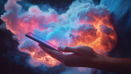 Colorful cloud technology concept with mobile device in hand symbolizing digital connectivity