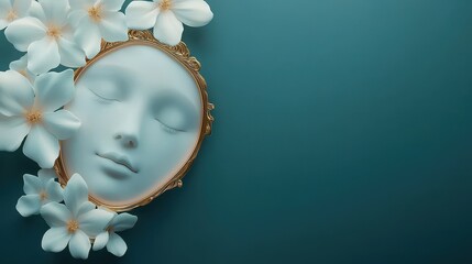 A serene white face sculpture framed by delicate flowers against a teal background, evoking a sense of tranquility and beauty.