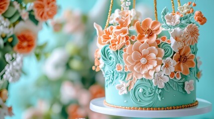 A beautifully decorated cake adorned with pastel flowers, set against a soft turquoise background, creating a charming and elegant display.