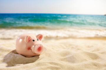 Piggy bank on soft golden sand under a clear blue sky on a hot summer day. Sunny beach sand with empty space for product placement – saving money for summer vacation concept. 
