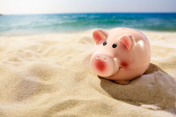 Piggy bank on soft golden sand under a clear blue sky on a hot summer day. Sunny beach sand with empty space for product placement – saving money for summer vacation concept. 