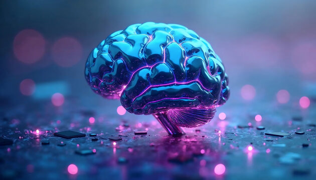 Futuristic 3D illustration of a glowing digital brain integrated with a computer microchip, symbolizing artificial intelligence, machine learning, and advanced technology.