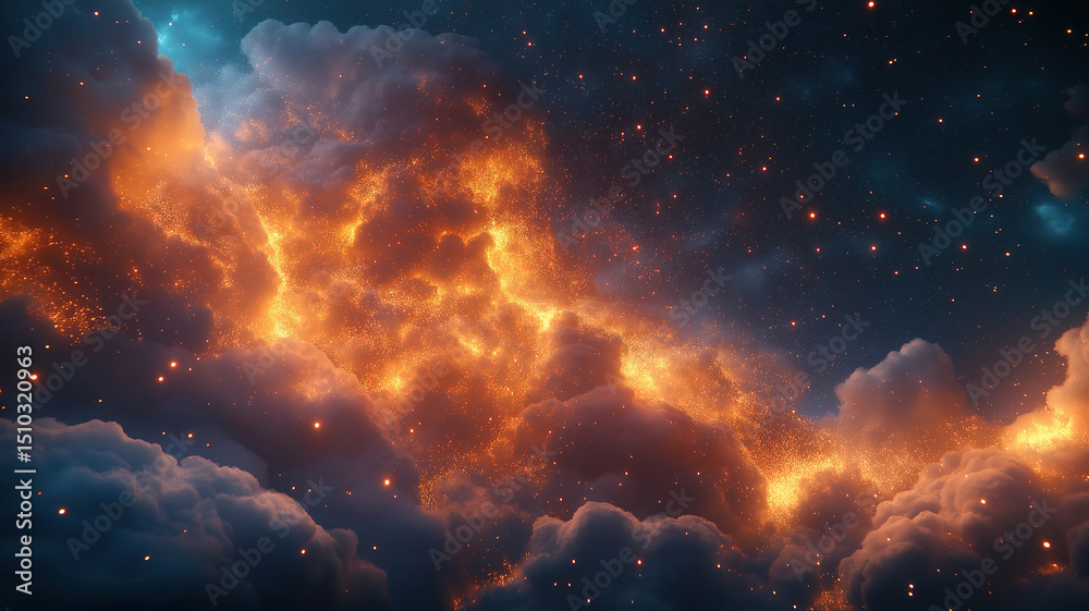 Poster stunning computer-generated cloud with glowing particles set against a dark sky background