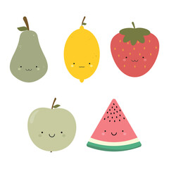 Cute fruits, watermelon, strawberry, lemon and pear, apple. Children's set.