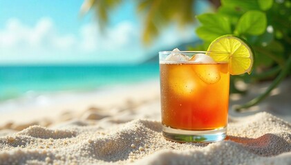 A refreshing glass of amber rum sits on a sun-drenched beach, garnished with a lime wedge and surrounded by tropical foliage Perfect for summer cocktails and vacation vibes , paradise, beach