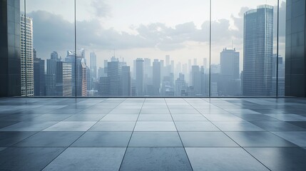 Empty Square Floor and City Skyline with Buildings