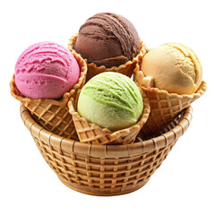Ice Cream Scoops in Waffle Basket Isolated on Transparent Background

