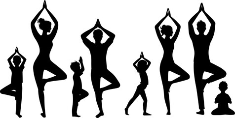 Family in Yoga Pose Silhouette - Meditation and Wellness Vector