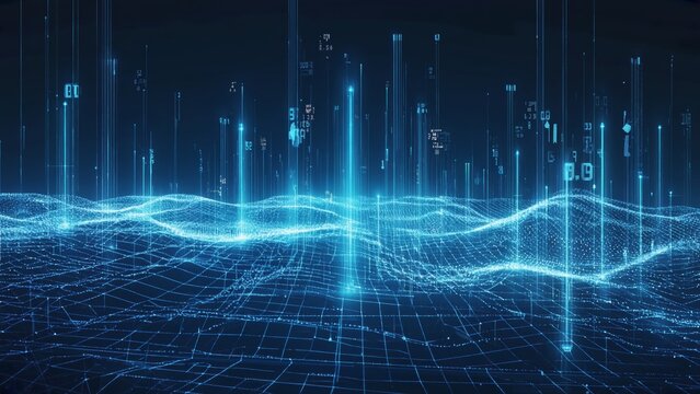 Blue glowing digital landscape with flowing grid waves and vertical light bars, representing futuristic data streams, technology, virtual networks and dynamic 3D digital environments in modern design.