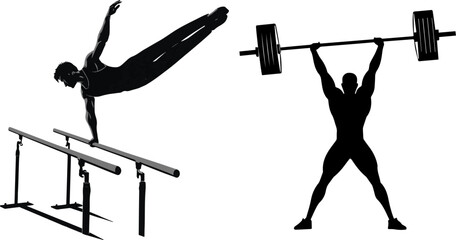 Strength Training Silhouettes: Gymnastics on Parallel Bars and Weightlifting