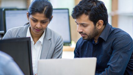 Focused Indian Team Members Reviewing Data Together in Collaborative Workspace
