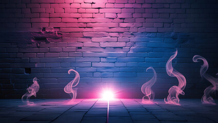 Neon light illuminates brick wall and rising pink smoke in a futuristic aesthetic scene