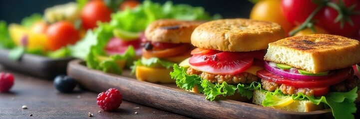 A vibrant spread of healthy and delicious lunch options including colorful salads, sandwiches, and fruit, perfect for a nutritious midday meal , picnic, delicious, summer