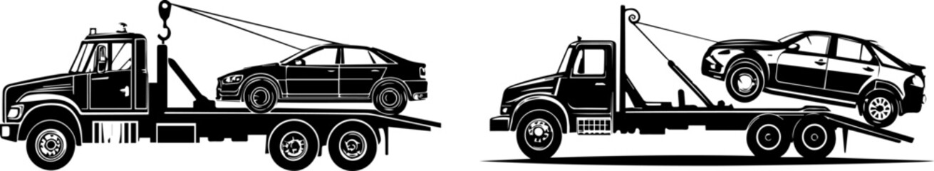 Tow Truck with Car Loading and Flatbed Vector Illustration Set