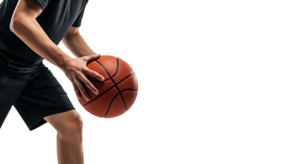 Two hands holding a basketball, isolated on transparent background