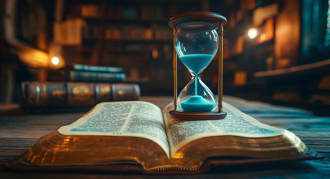 Hourglass and open Bible representing the end times.