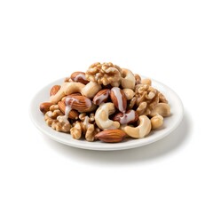 Variety of Mixed Nuts Drizzled with Sweet Icing on a White Plate Isolated