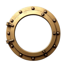 Obraz premium Golden lucky horseshoe with nautical and casino-themed round metal design on white background