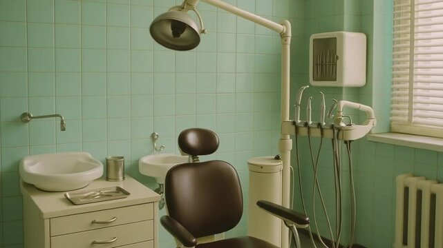 Vintage dental office interior with retro dentist chair, turquoise tiled walls, dental equipment, and natural light entering through blinds. Old-fashioned clinic.
